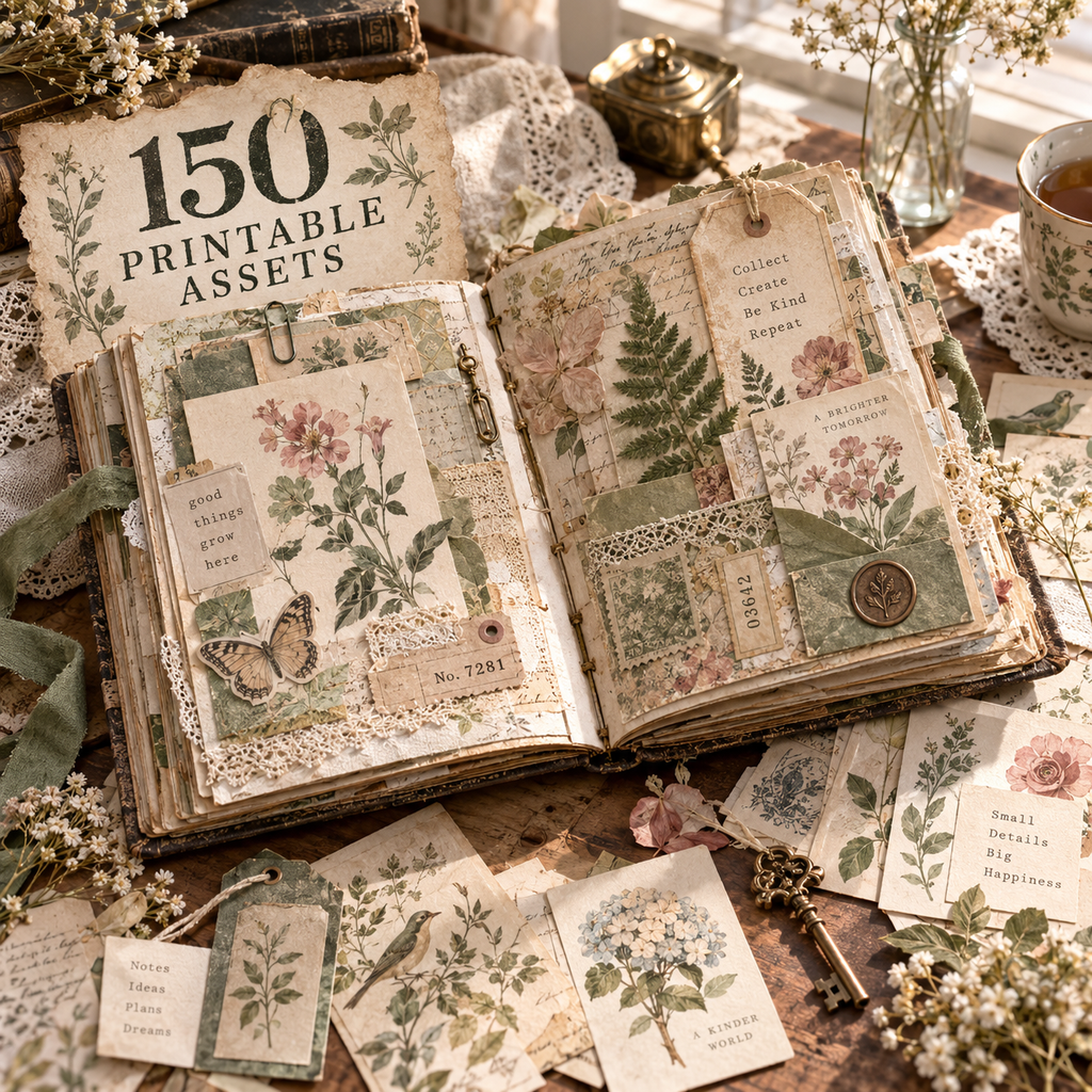 Vintage botanical junk journal printable assets