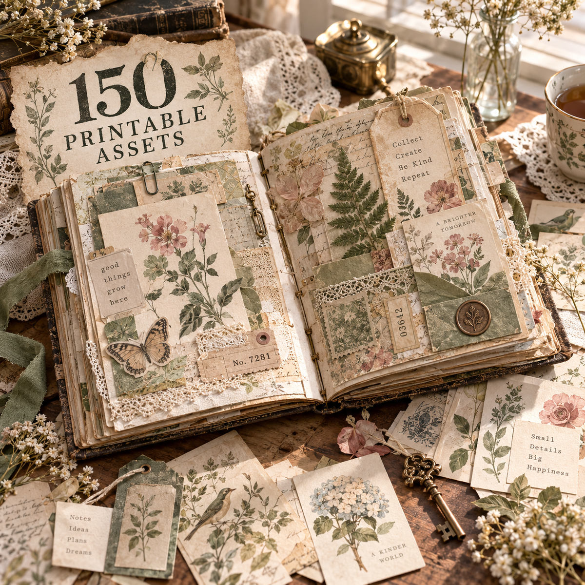 Vintage botanical junk journal printable assets