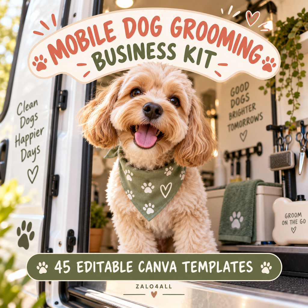 Mobile Dog Grooming Business Kit - 45 Editable Canva Templates cover