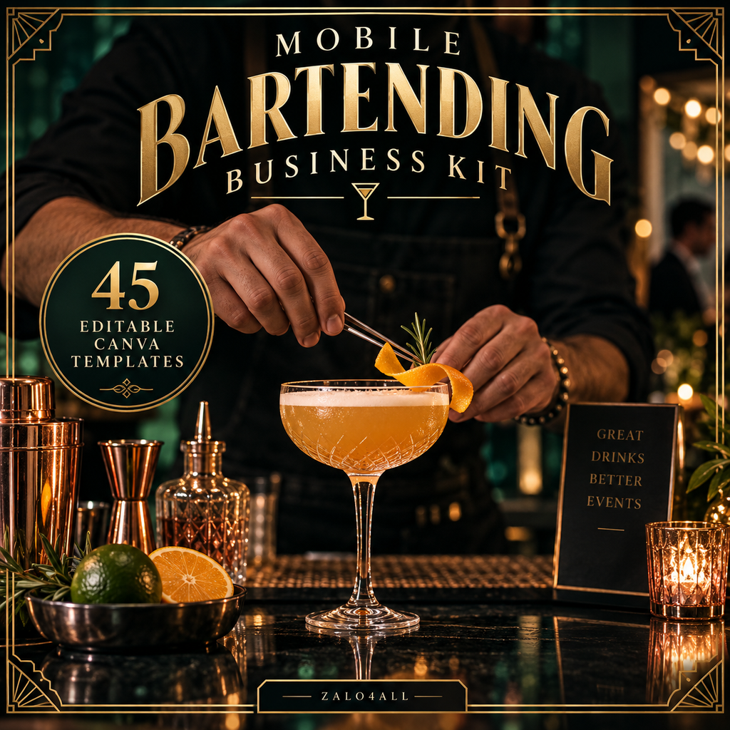 Mobile Bartending Business Kit - 45 Editable Canva Templates cover