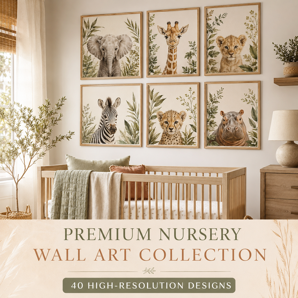 Premium Nursery Wall Art Collection | 40 Safari Animal Prints premium cover