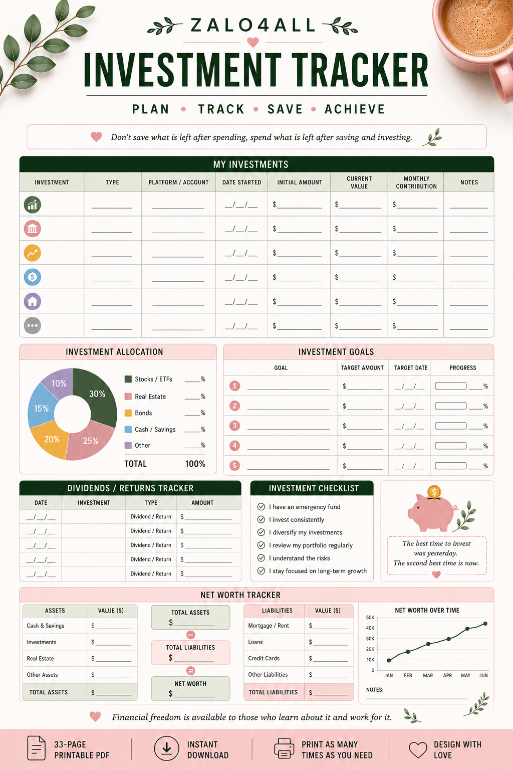 Budget Planner Printable PDF | Monthly Budget, Savings, Debt & Financial Goal Tracker | 33 Page Finance Planner