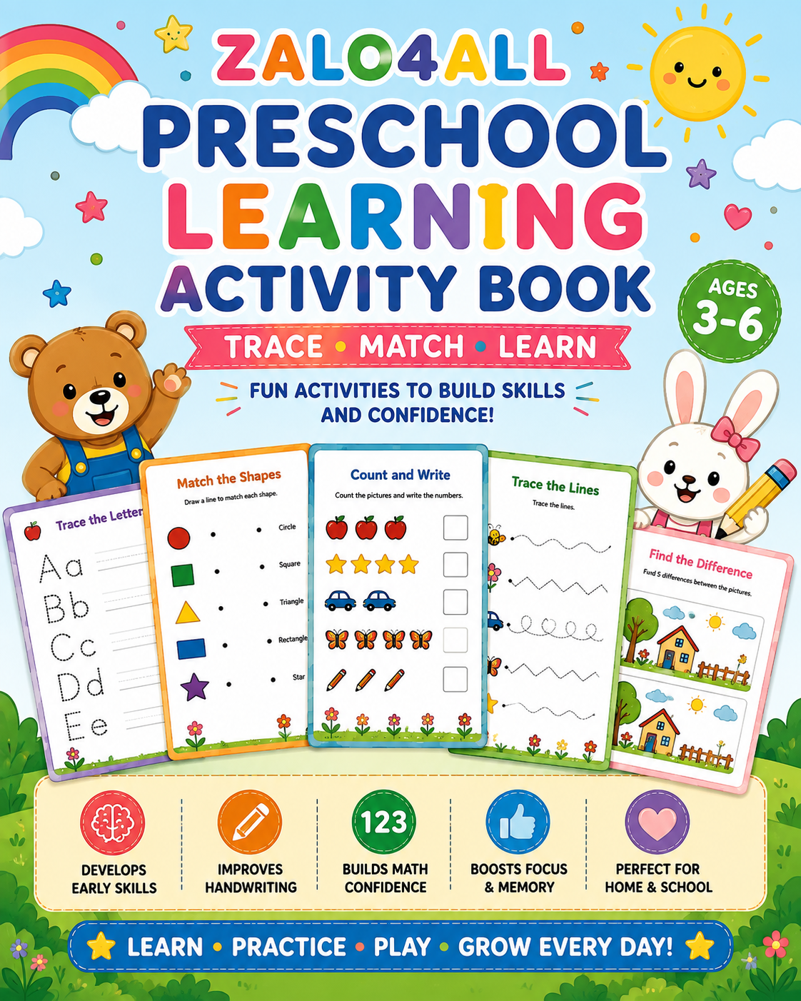 50-Page Preschool Activity Book Printable: Tracing & Matching for Ages 3-6 (PDF Download) - digital product preview 1