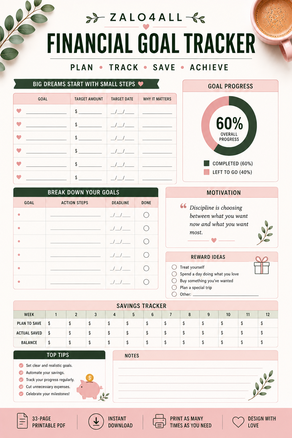 Budget Planner Printable PDF | Monthly Budget, Savings, Debt & Financial Goal Tracker | 33 Page Finance Planner