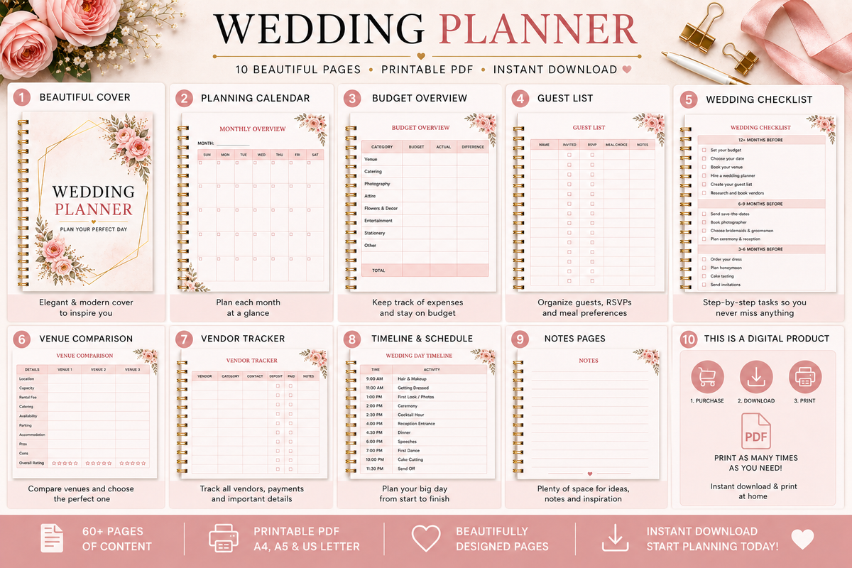 Wedding Planner Printable PDF - Wedding Planning Checklist - Bride Organizer - Budget, Guest List & Timeline - digital product preview 9