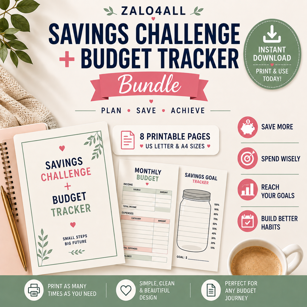 Savings Challenge & Budget Tracker Printable - 8 Page Budget Planner - Savings Tracker - Instant Download PDF - digital product preview 1