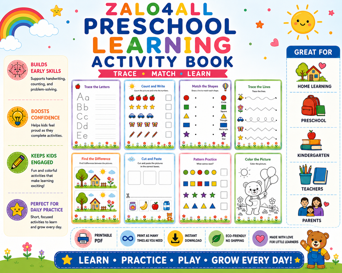 50-Page Preschool Activity Book Printable: Tracing & Matching for Ages 3-6 (PDF Download) - digital product preview 7