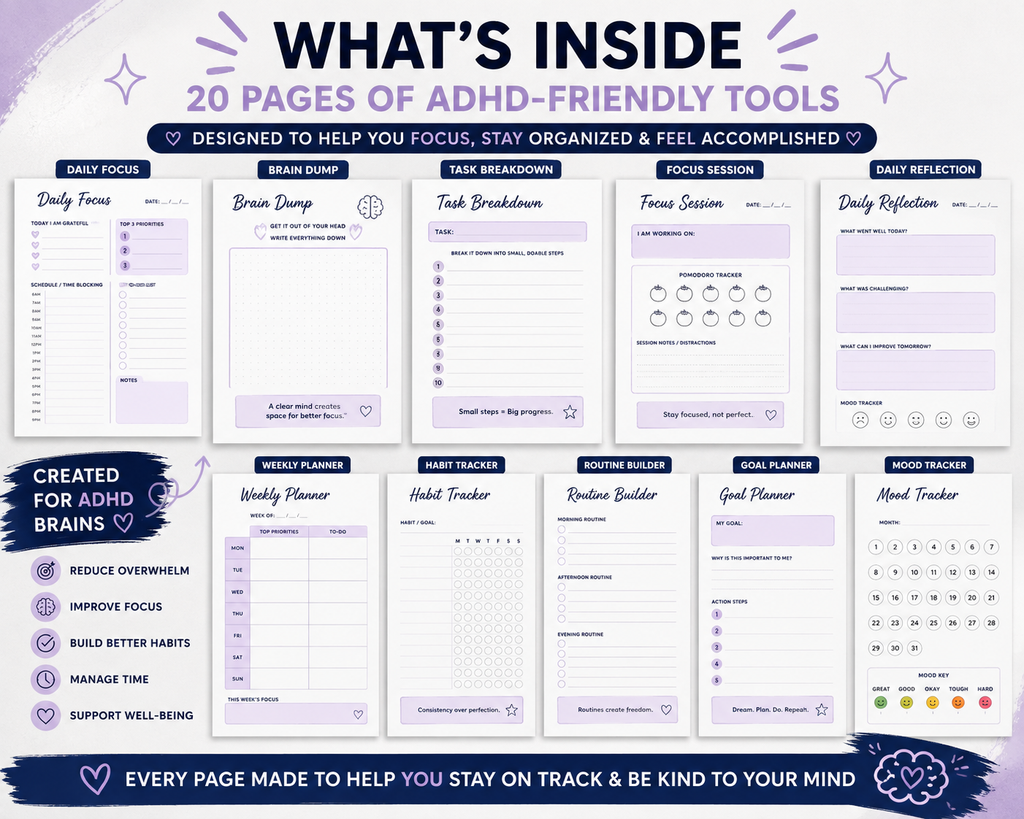ADHD Daily Focus Planner Printable 20 Page Productivity Organization Habit Tracker PDF - digital product preview 2