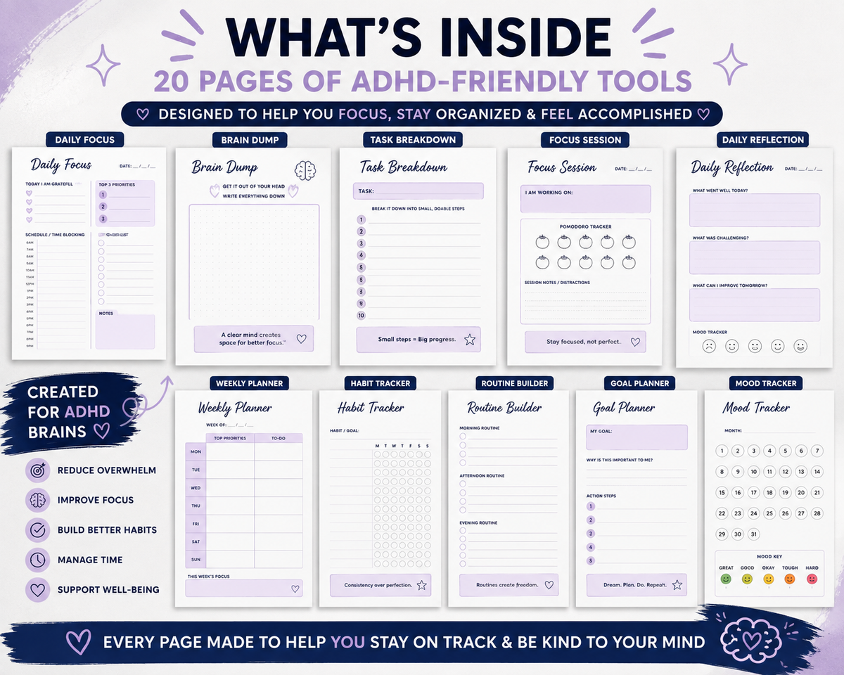 ADHD Daily Focus Planner Printable 20 Page Productivity Organization Habit Tracker PDF - digital product preview 2