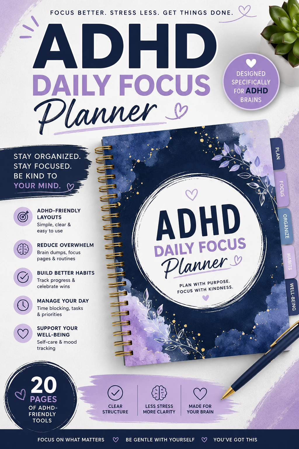 ADHD Daily Focus Planner Printable 20 Page Productivity Organization Habit Tracker PDF - digital product preview 1