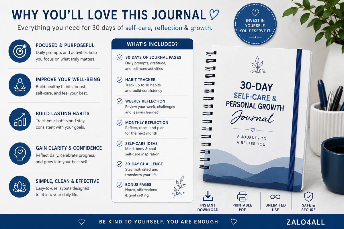 30 Day Self Care Journal Printable - Personal Growth Journal - Habit Tracker & Reflection Workbook - Instant Download PDF - digital product preview 5