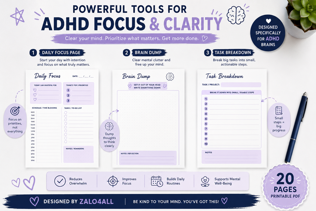 ADHD Daily Focus Planner Printable 20 Page Productivity Organization Habit Tracker PDF - digital product preview 3