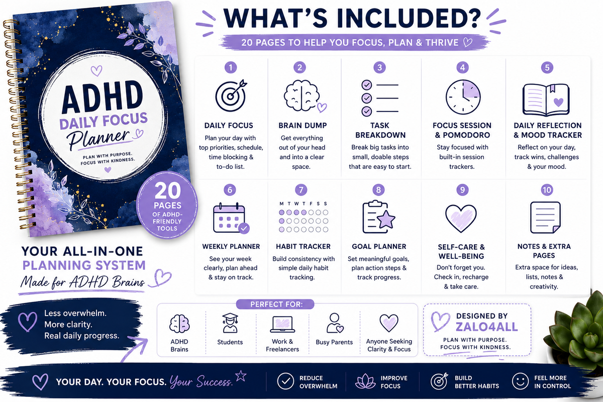 ADHD Daily Focus Planner Printable 20 Page Productivity Organization Habit Tracker PDF - digital product preview 5
