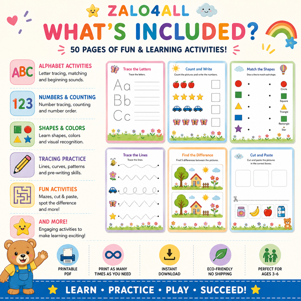 50-Page Preschool Activity Book Printable: Tracing & Matching for Ages 3-6 (PDF Download) - digital product preview 5