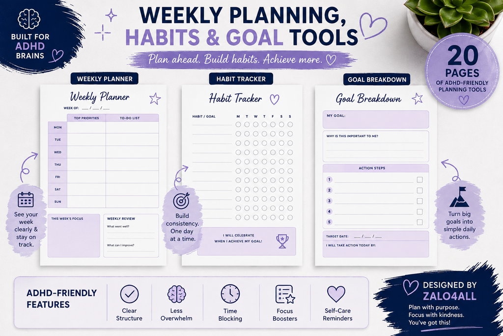 ADHD Daily Focus Planner Printable 20 Page Productivity Organization Habit Tracker PDF - digital product preview 4