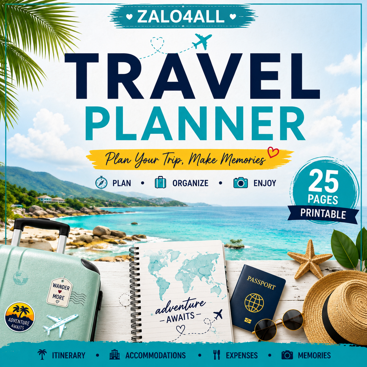 Travel Planner Printable 25 Page Vacation Planner Trip Itinerary Packing List Travel Budget PDF - digital product preview 1