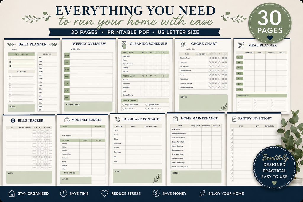 Home Management Binder Printable 30 Page Household Planner Cleaning Chores Budget Meal Planner PDF - digital product preview 2