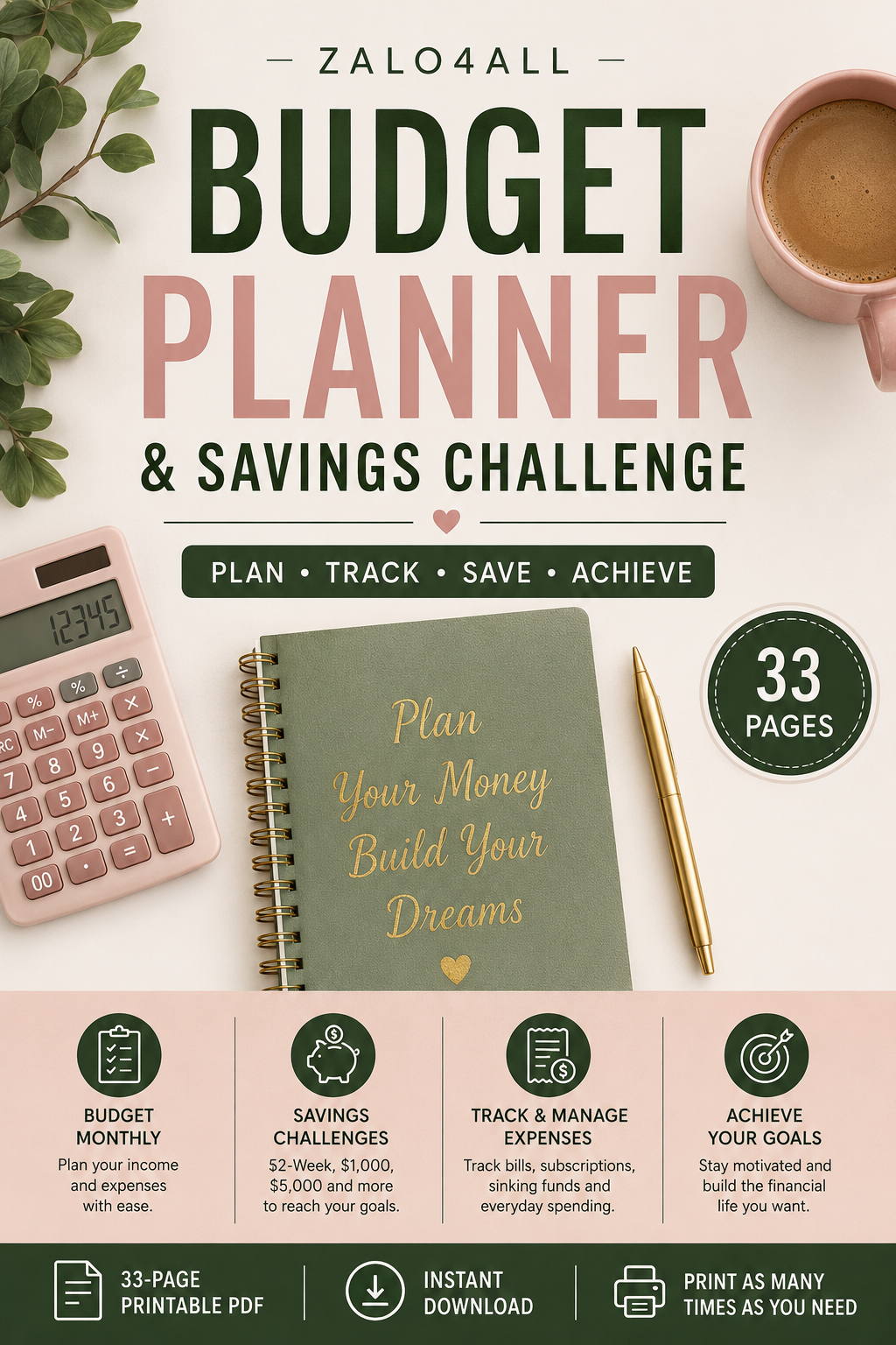 Budget Planner Printable PDF - Monthly Budget, Savings, Debt & Financial Goal Tracker - 33 Page Finance Planner - digital product preview 1