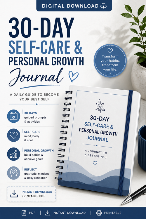 30 Day Self Care Journal Printable - Personal Growth Journal - Habit Tracker & Reflection Workbook - Instant Download PDF - digital product preview 1