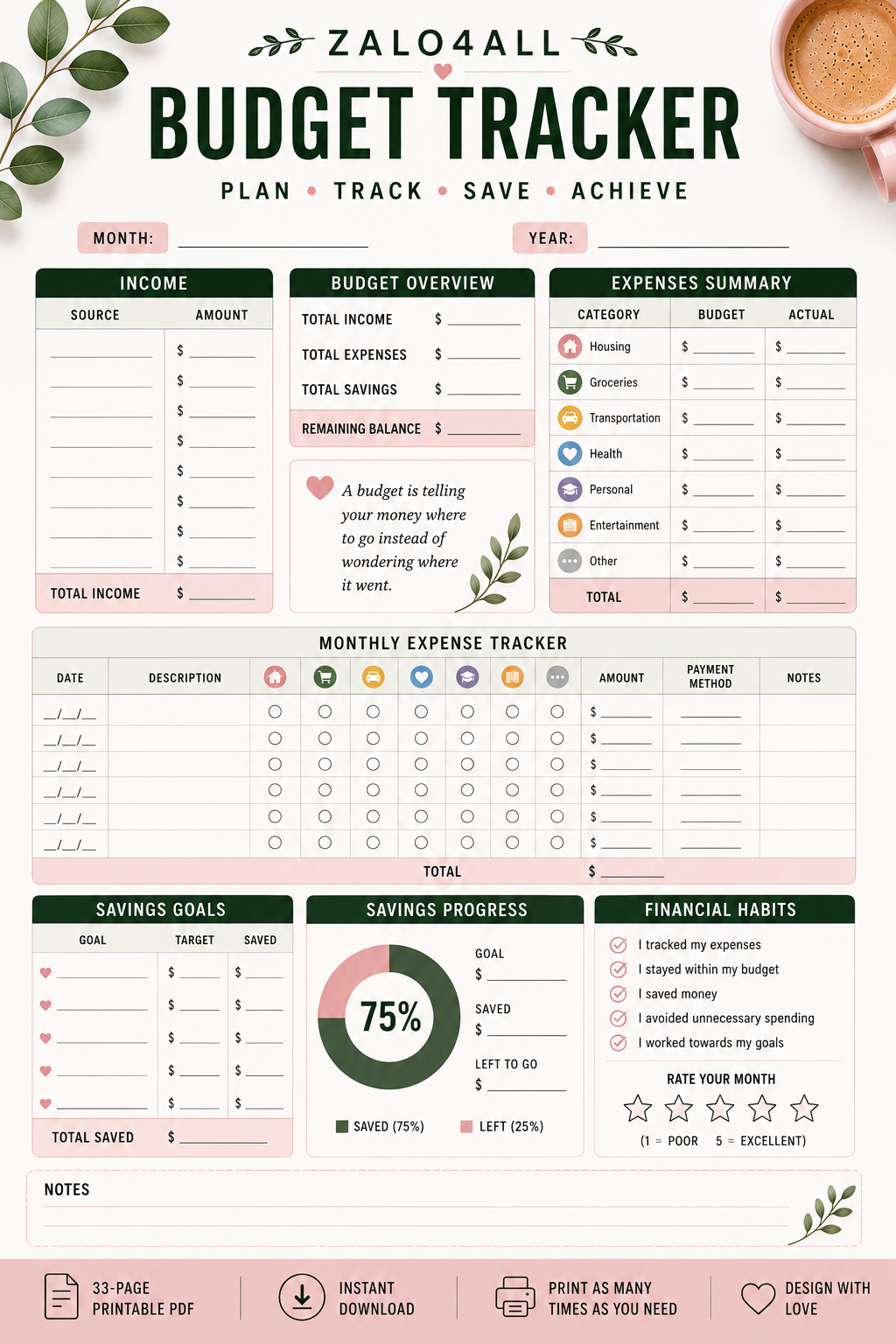 Budget Planner Printable PDF | Monthly Budget, Savings, Debt & Financial Goal Tracker | 33 Page Finance Planner