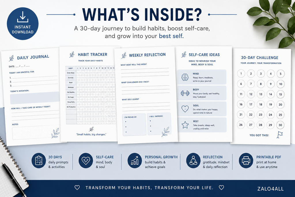 30 Day Self Care Journal Printable - Personal Growth Journal - Habit Tracker & Reflection Workbook - Instant Download PDF - digital product preview 4