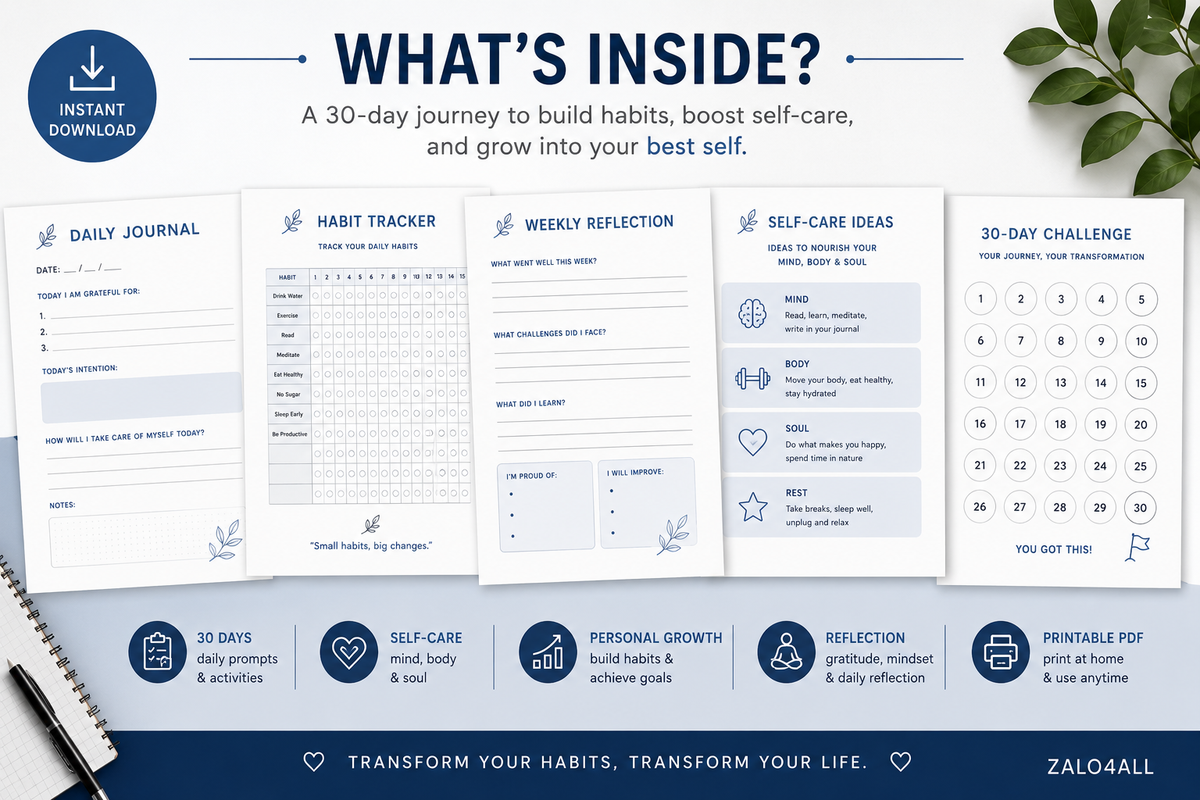 30 Day Self Care Journal Printable - Personal Growth Journal - Habit Tracker & Reflection Workbook - Instant Download PDF - digital product preview 4