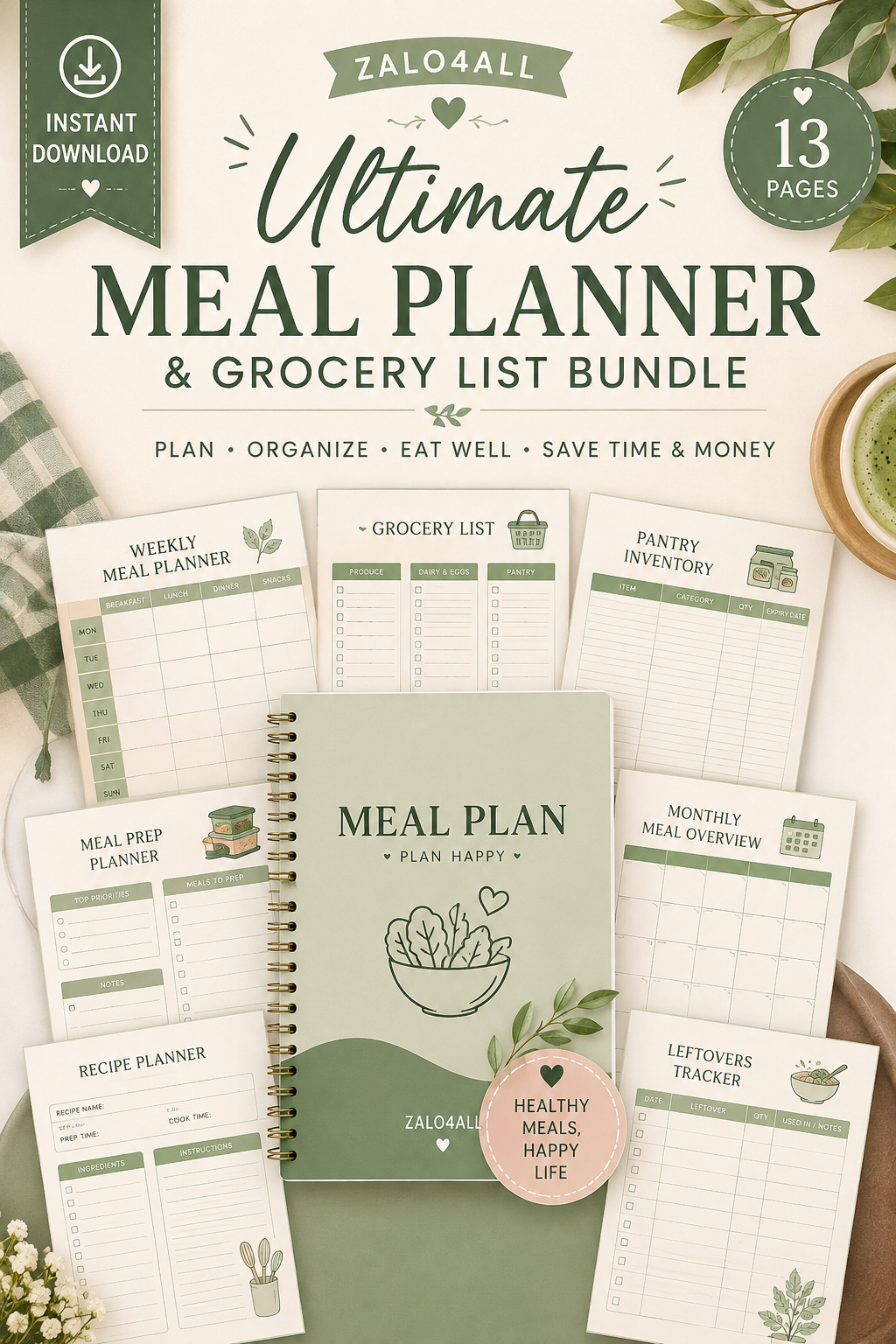 Meal Planner Printable PDF - 13 Page Weekly Meal Plan, Grocery List & Pantry Organizer - digital product preview 1