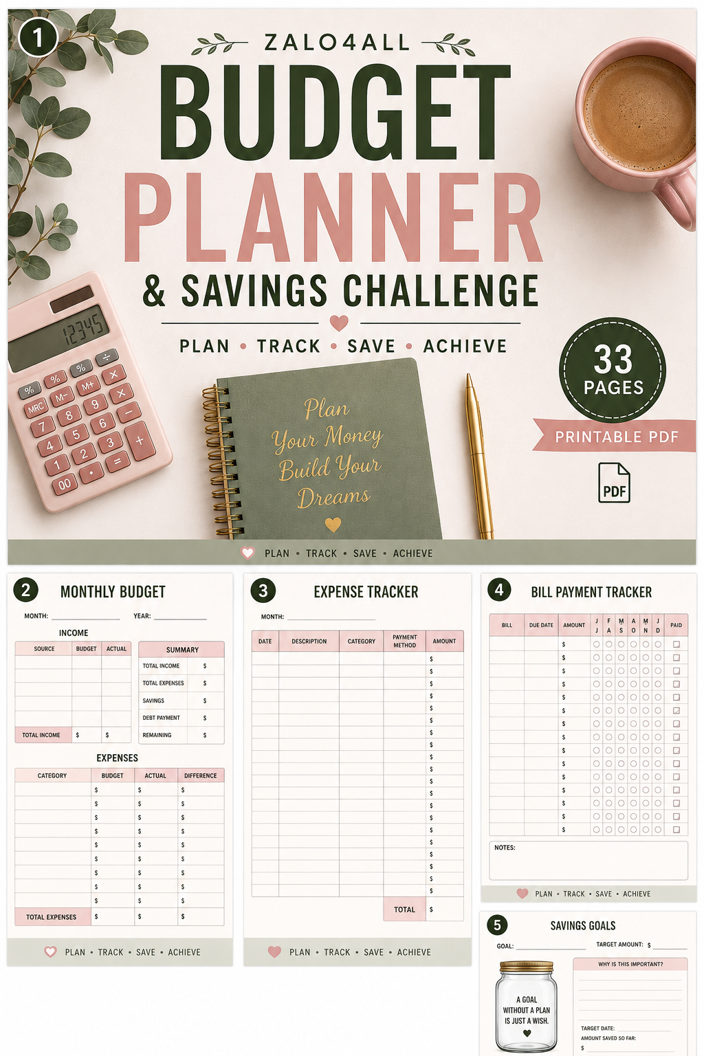 Budget Planner Printable PDF - Monthly Budget, Savings, Debt & Financial Goal Tracker - 33 Page Finance Planner - digital product preview 2