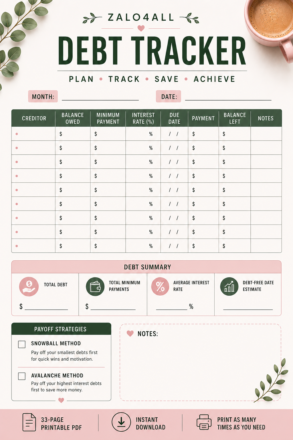 Budget Planner Printable PDF - Monthly Budget, Savings, Debt & Financial Goal Tracker - 33 Page Finance Planner - digital product preview 8