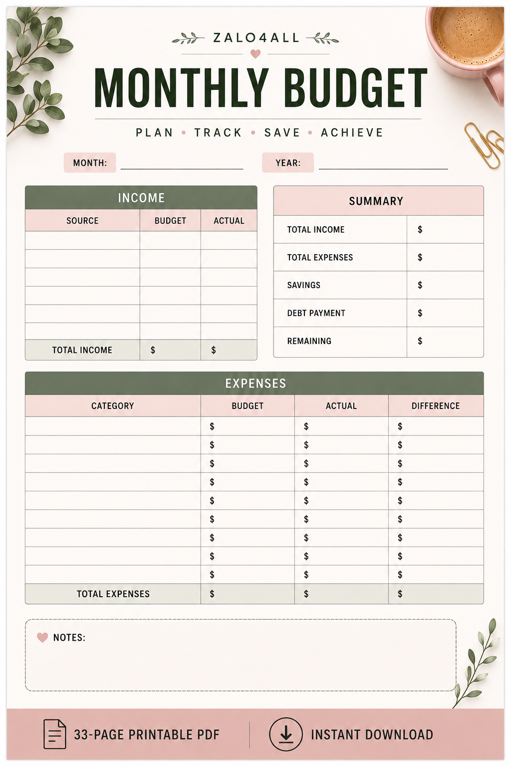 Budget Planner Printable PDF - Monthly Budget, Savings, Debt & Financial Goal Tracker - 33 Page Finance Planner - digital product preview 3