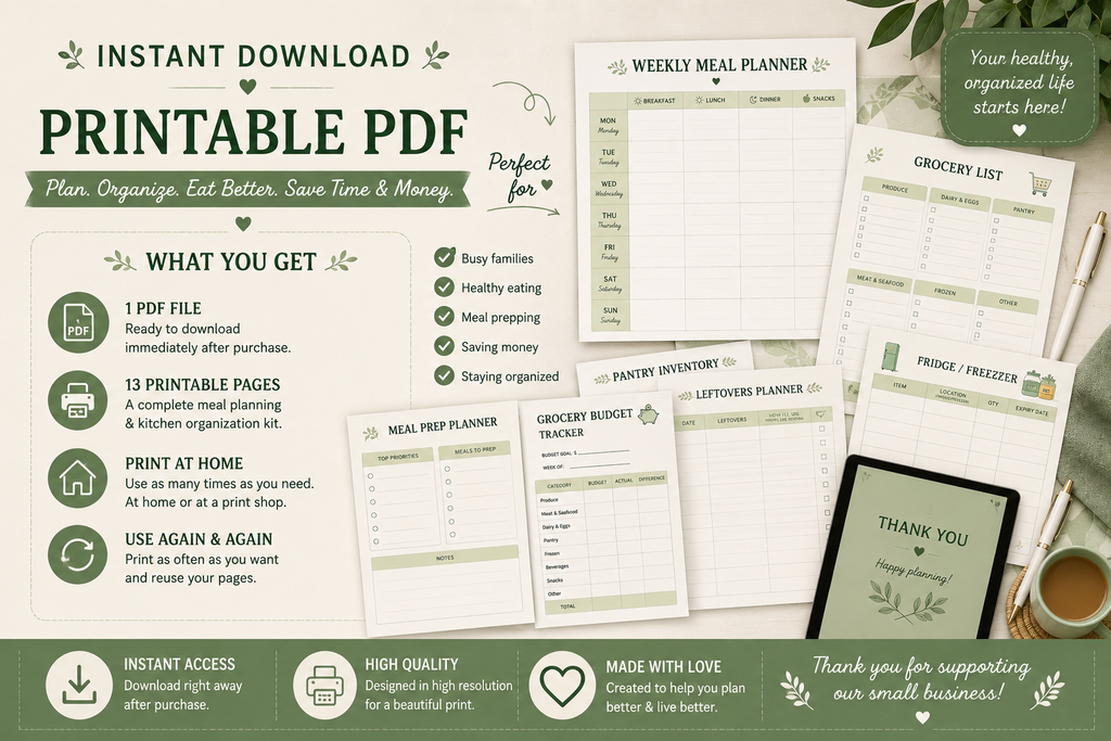 Meal Planner Printable PDF - 13 Page Weekly Meal Plan, Grocery List & Pantry Organizer - digital product preview 6