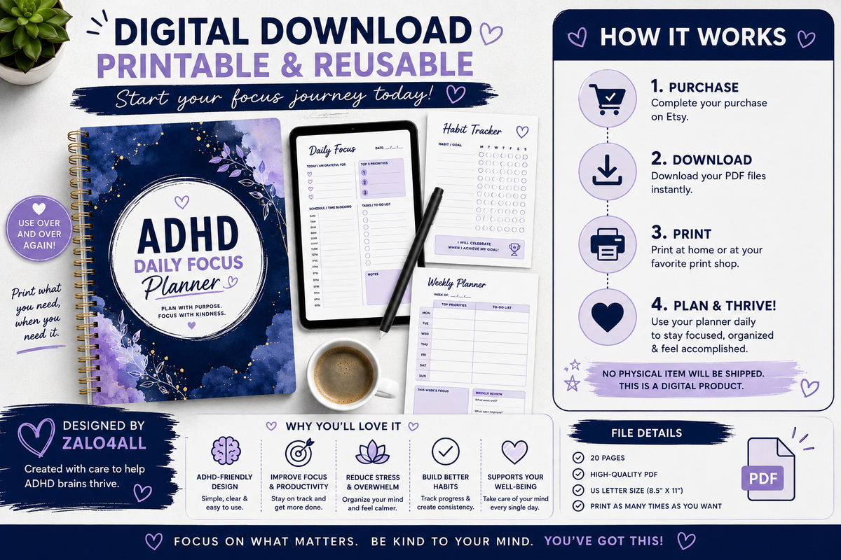ADHD Daily Focus Planner Printable 20 Page Productivity Organization Habit Tracker PDF - digital product preview 6