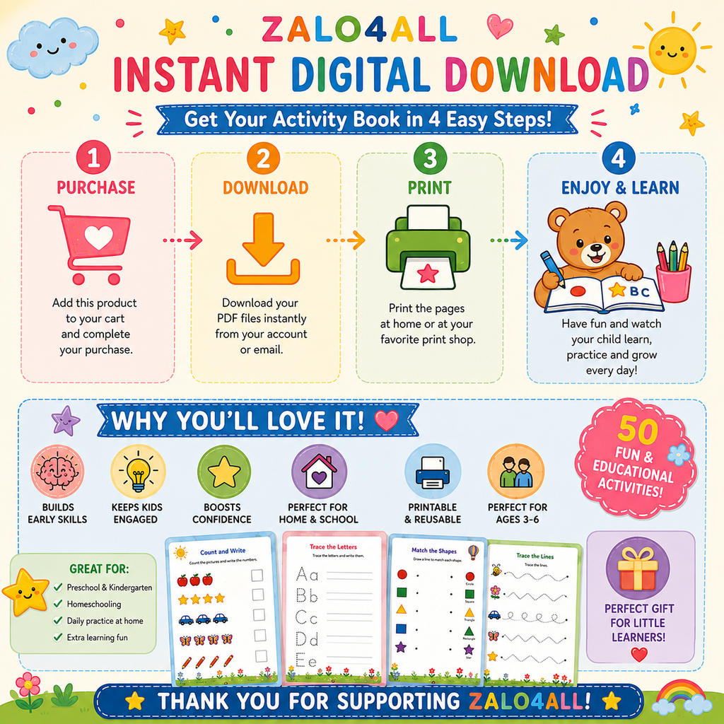 50-Page Preschool Activity Book Printable: Tracing & Matching for Ages 3-6 (PDF Download) - digital product preview 2