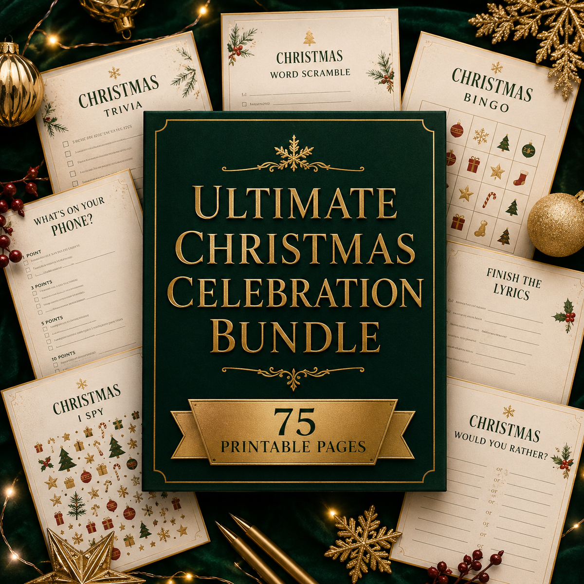 Ultimate Christmas Celebration Bundle | 75 Printable Party Game Pages premium cover