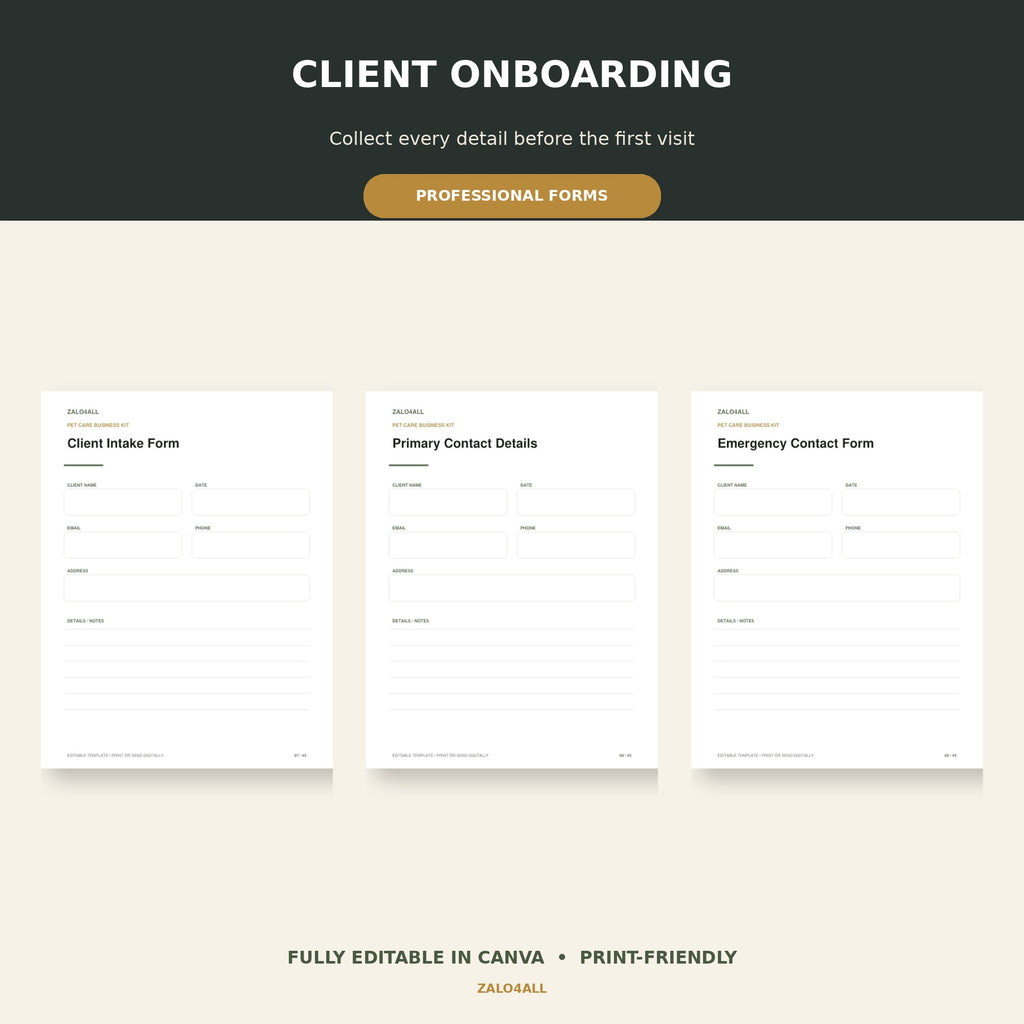 Client onboarding forms included in pet sitter kit