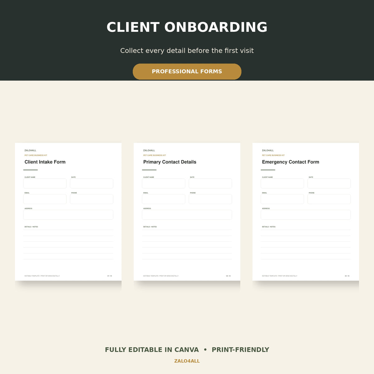 Client onboarding forms included in pet sitter kit