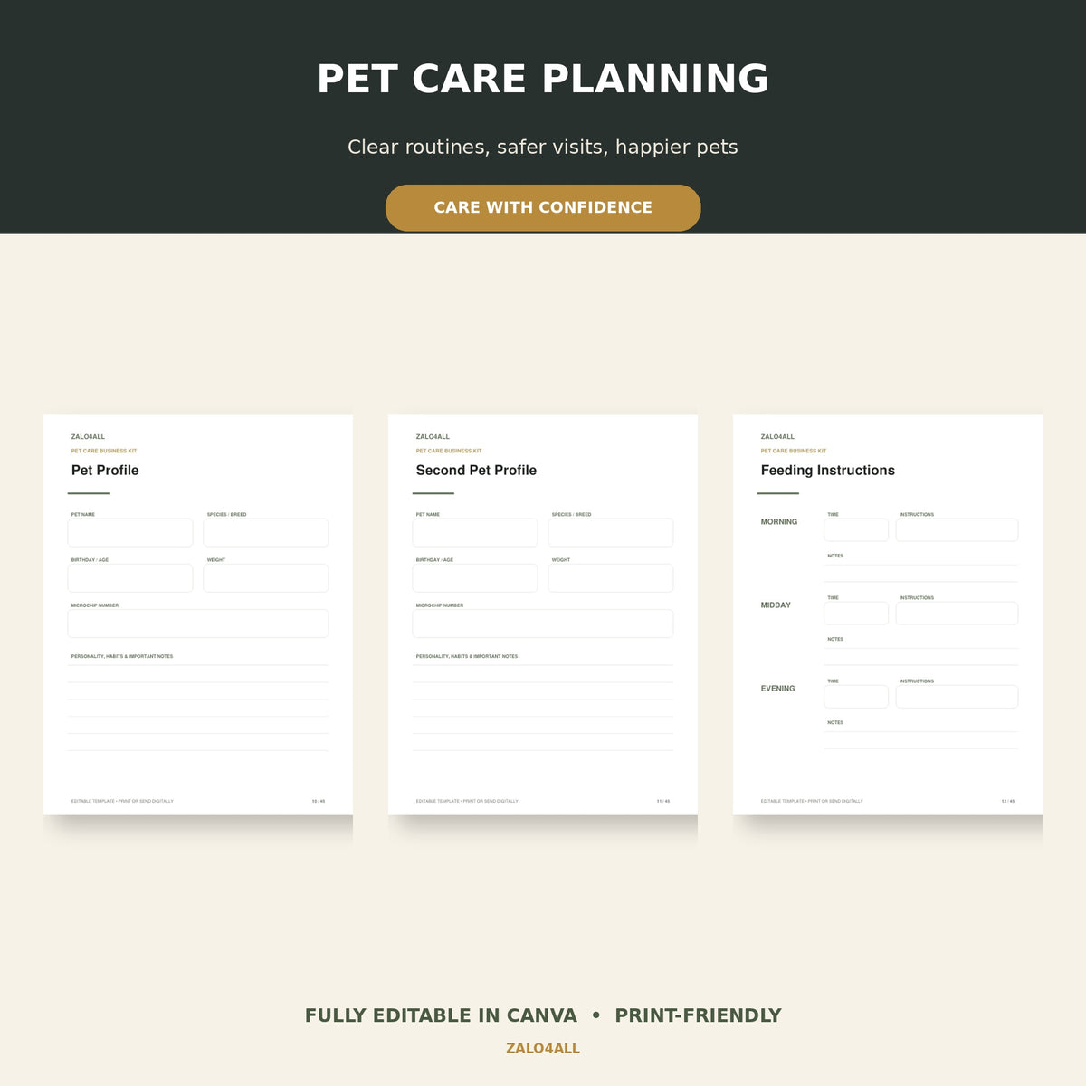 Pet profiles and care planning templates