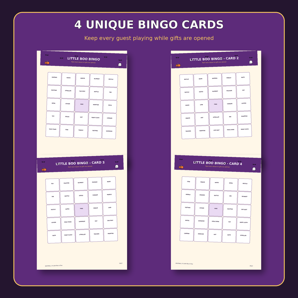 Four unique Little Boo baby shower bingo cards