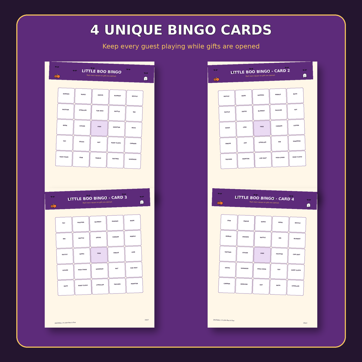Four unique Little Boo baby shower bingo cards
