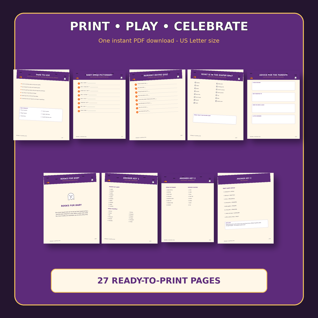 27 page printable Halloween baby shower bundle overview
