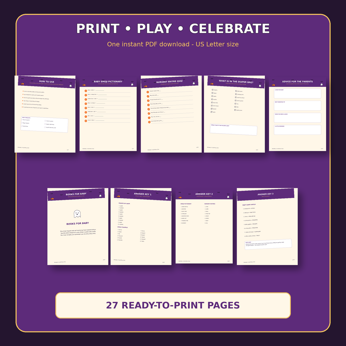 27 page printable Halloween baby shower bundle overview
