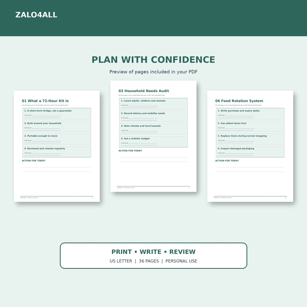 72-Hour Emergency Kit Guide | 36-Page Printable Checklist PDF interior preview 1