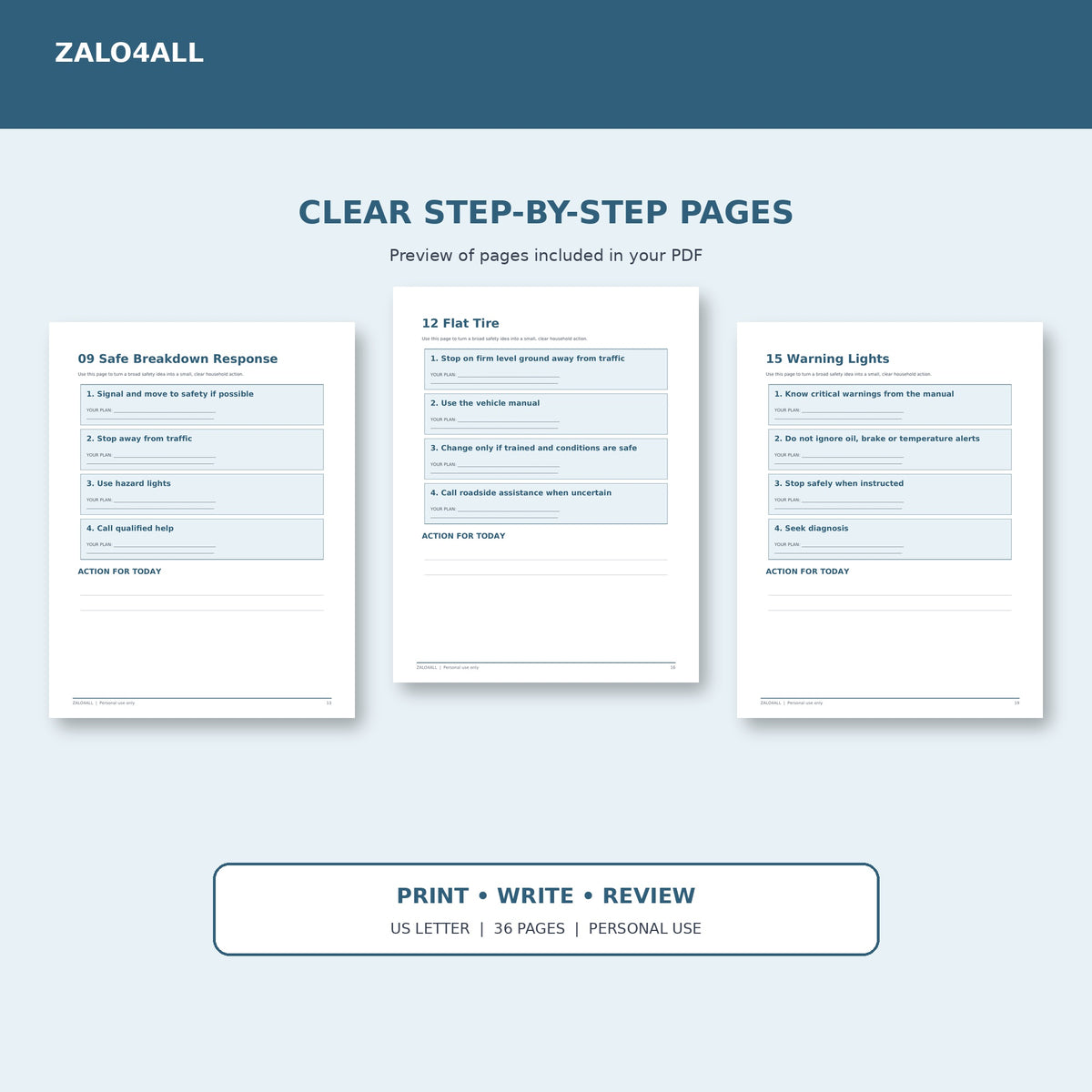Car Emergency & Roadside Safety Guide | 36-Page Printable PDF interior preview 2