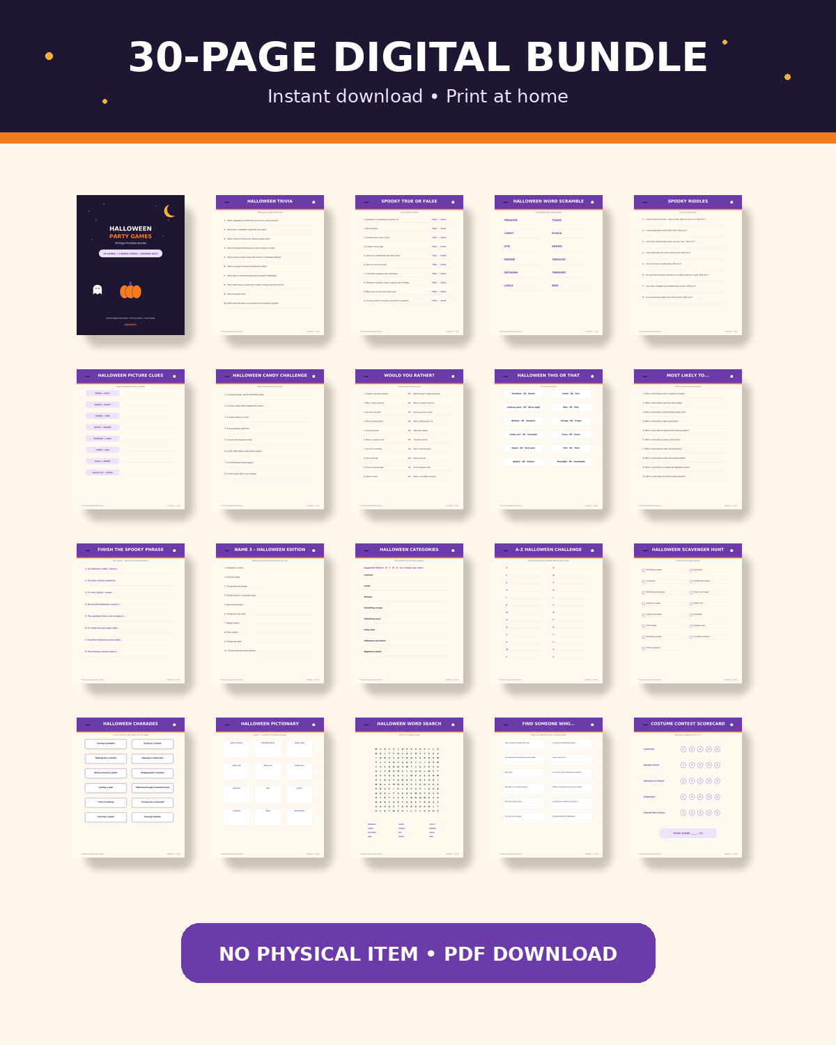 30 page Halloween party games digital bundle overview