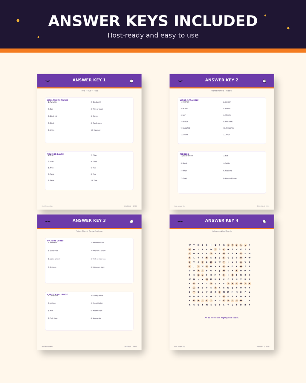 Halloween printable games answer keys included