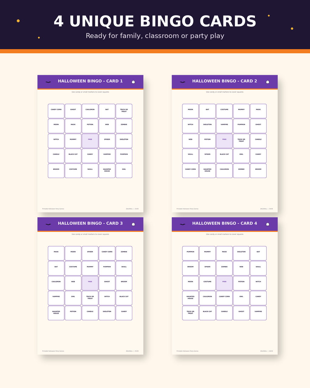 Four unique printable Halloween bingo cards