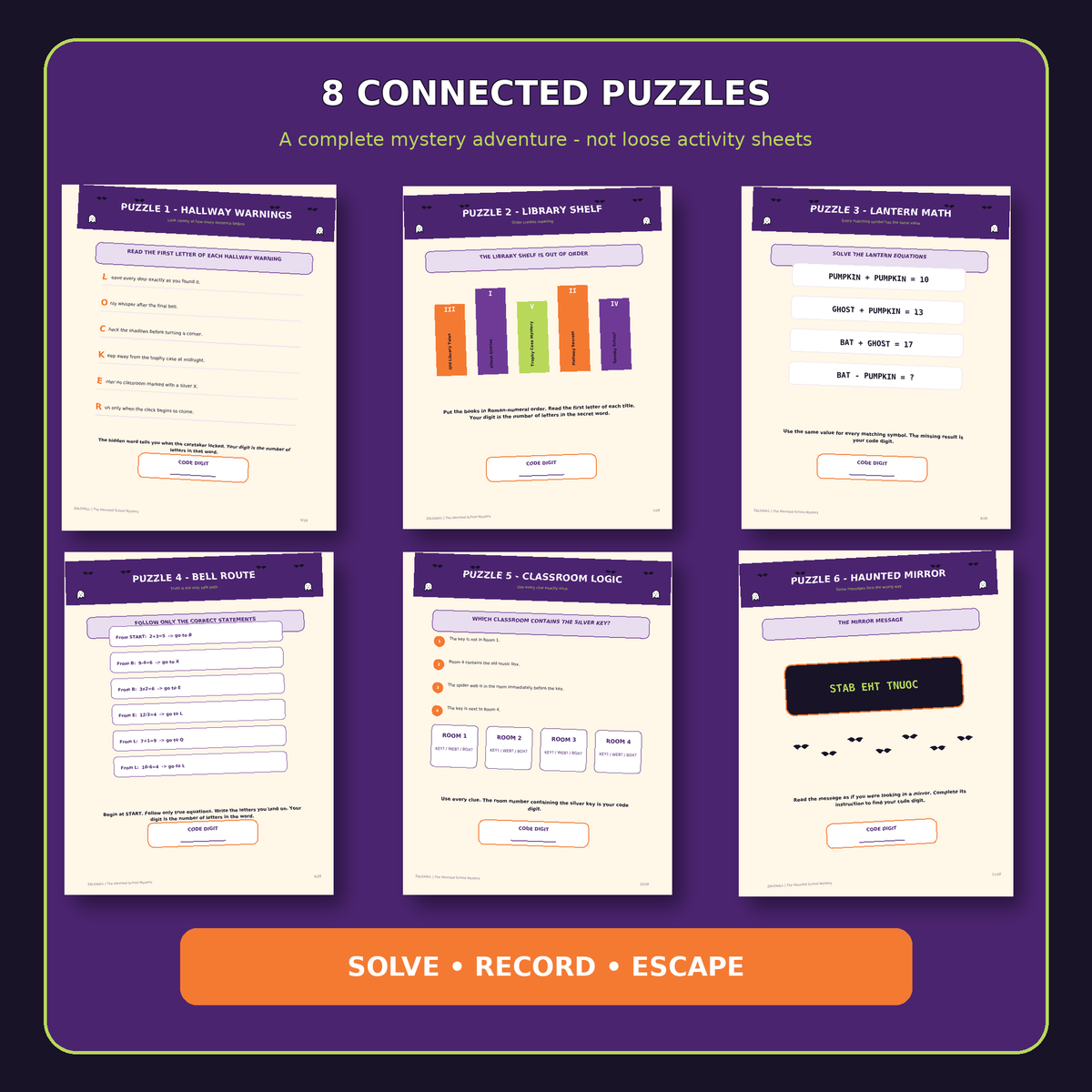Six of eight connected Haunted School escape room puzzles preview