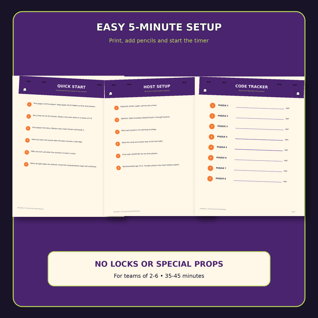 Easy five-minute printable escape room host setup and code tracker