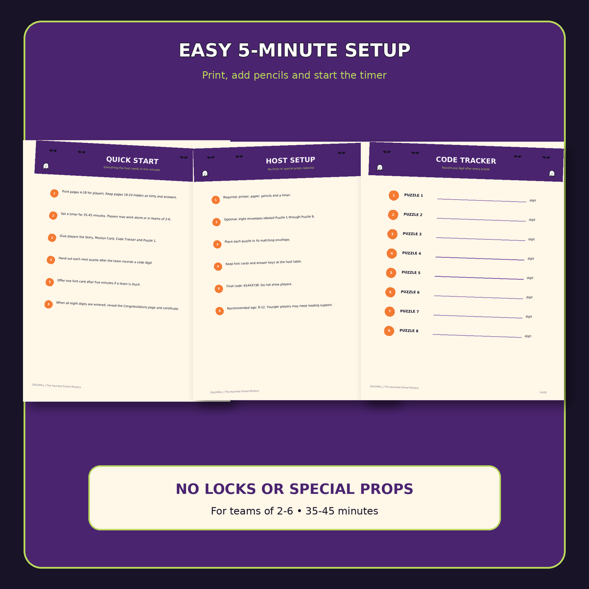 Easy five-minute printable escape room host setup and code tracker