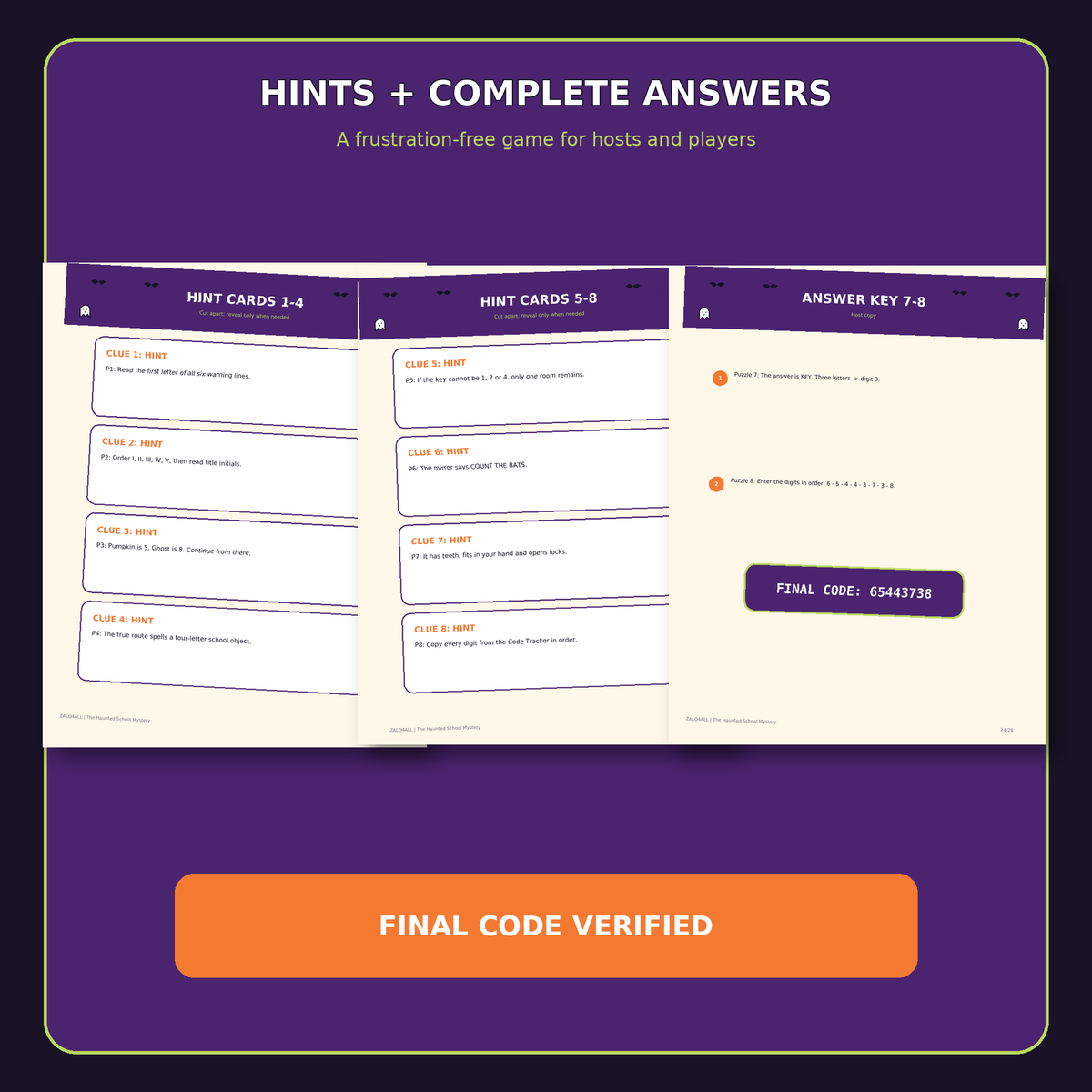 Halloween escape room hint cards and complete answer keys